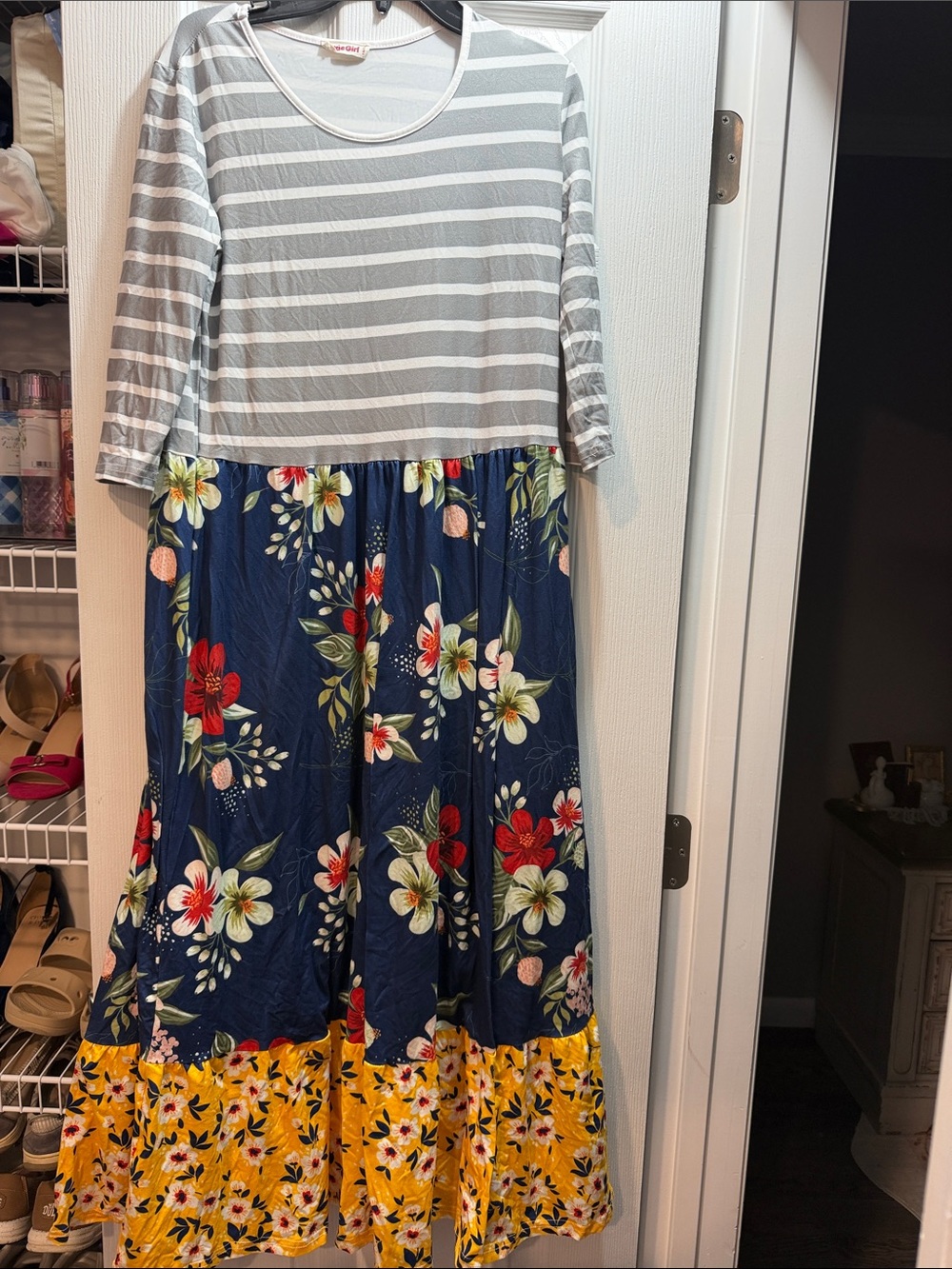Girls' Navy Floral & Yellow Hem Casual Maxi Dress - Gray Striped Top
